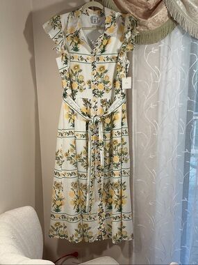 NWT LEA Flutter Sleeve Floral Button-Front Maxi Dress Yellow Green Sz L Cotton